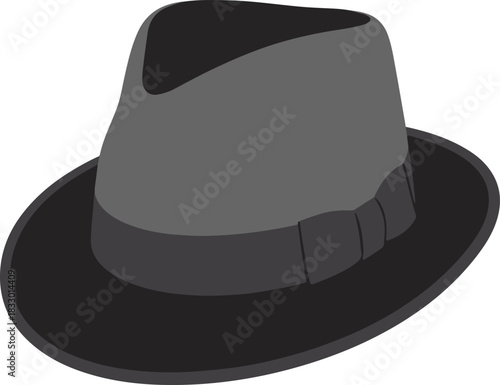 Dark gray fedora hat vector illustration with a black ribbon band for classic fashion concepts