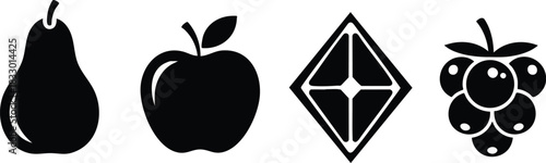 Minimalist black vector fruit icons including a pear, apple, stylized citrus, and berry cluster on white