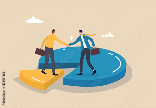 Shareholder or stakeholders, sharing benefit or merger and acquisition, partnership or collaboration, marketshare or agreement concept, businessman handshaking on pie chart to share profit together