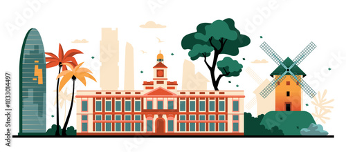 Spanish attractions - colorful flat design style illustration