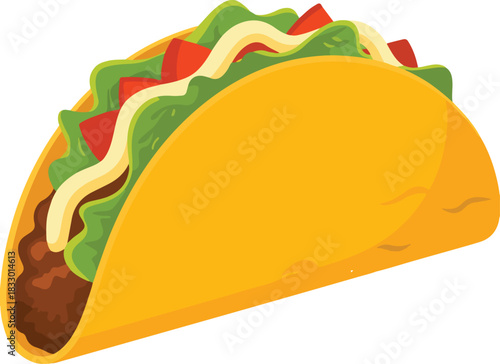 Delicious Mexican taco vector illustration with seasoned ground beef lettuce tomatoes and sour cream