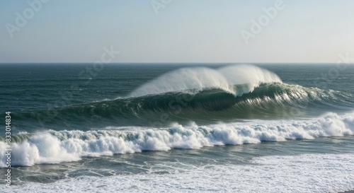Fototapeta Naklejka Na Ścianę i Meble -  Powerful ocean wave crests, dramatic spray, vast expanse of water