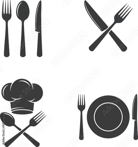 Collection of minimalist monochrome kitchen and restaurant icons and logo templates. Great for menus, culinary blogs, and food-related designs