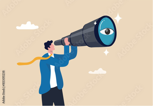 Search for opportunity, business vision, success direction or finding new employee, career future, secret discovery or research concept, businessman look through telescope or binoculars with big eye.