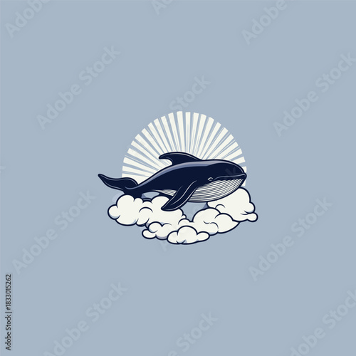 Whale flying on a cloud in the sky with sunburst or starburst effect. Hand-drawn vintage engraving style vector illustration
