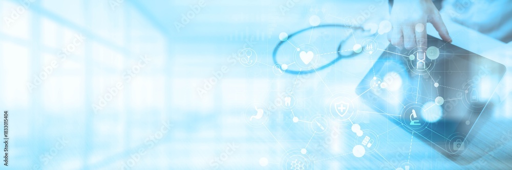 Naklejka premium Healthcare, Patient Monitoring, Telemedicine and Health Technologies Illustrated on a Virtual Screen.