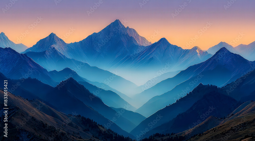 Obraz premium Majestic mountain range with layers under twilight sky