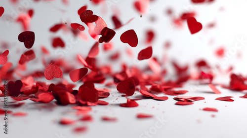 red confetti coming down on white background with some in shapes of love hearts and positive vibes, visually engaging as background