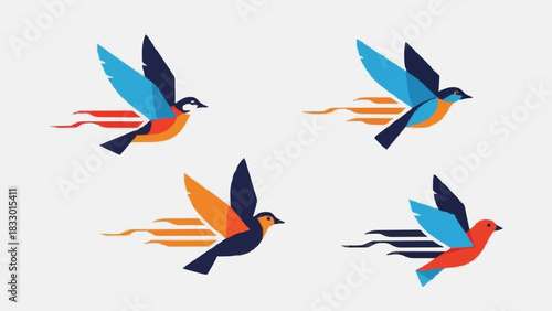 Four distinct stylized bird icons in flight, each with a dynamic, streaking tail, suggesting movement and speed