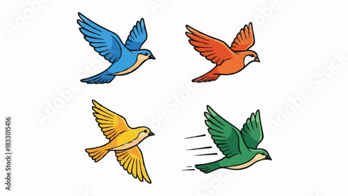 Four stylized cartoon birds in flight, each a different vibrant color blue, red, yellow, and green