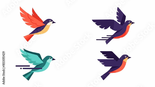 Colorful flock of four birds in mid-flight with motion blur effect, vector illustration