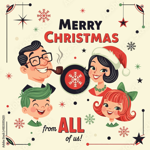 A vintage-style illustration of a happy family portrait for a retro Merry Christmas greeting card design from the 1950s era