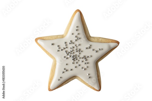 Single star shaped cookie with white icing and sprinkles isolated on white