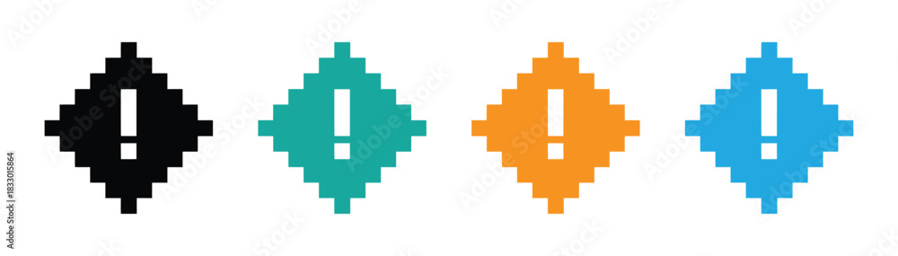Obraz premium Set of pixel art danger exclamation marks sign. Caution alarm, attention pixel icons. Fatal error warning message. Retro game . Pixelated exclamation point icons with retro vibe.