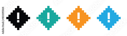 Set of pixel art danger exclamation marks sign. Caution alarm, attention pixel icons. Fatal error warning message. Retro game . Pixelated exclamation point icons with retro vibe.