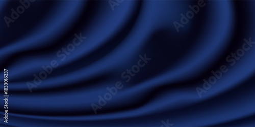 Navy blue silk satin. Silky shiny fabric. Dark luxury background with space for design. Banner. Wide. Long. Panoramic. Template. Empty. Flat lay, top view table. Beautiful.Elegant.Birthday,Christmas.