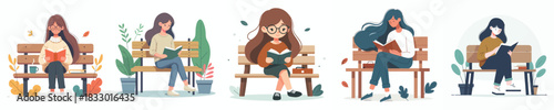 vector of a female student sitting on bench reading a book