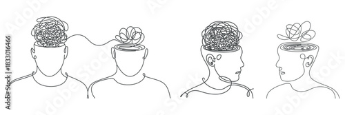Mental Health Line Art Illustrations with Scribble and Spiral Heads
