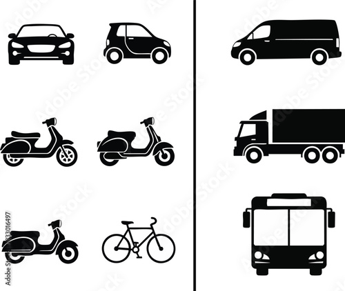Collection of black and white silhouette icons depicting various modes of transportation including cars, scooters, a bicycle, a van, a truck, and a bus
