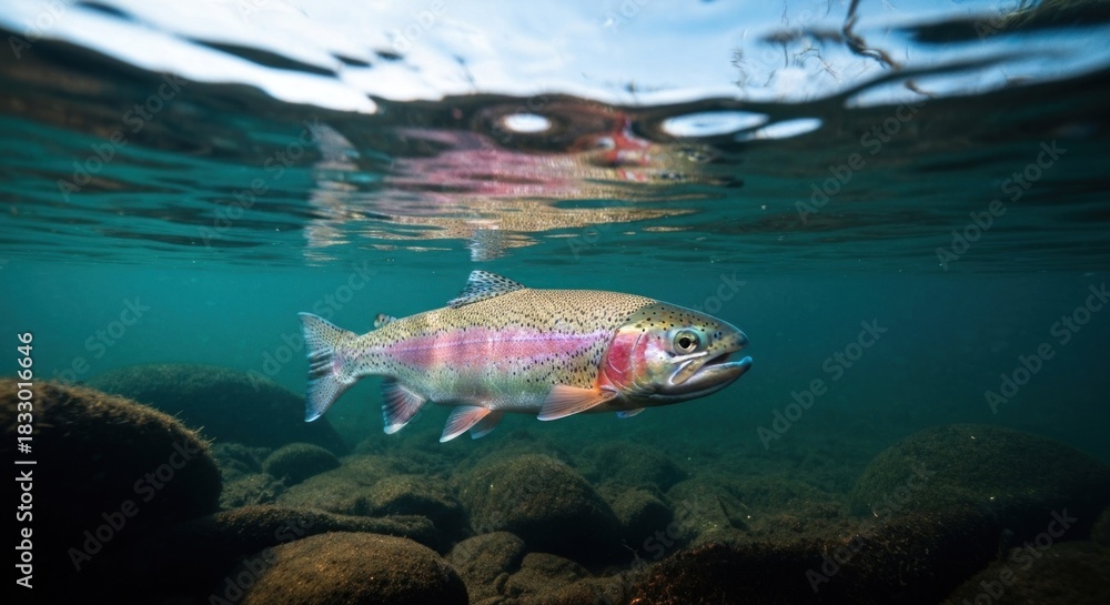 Fototapeta premium Rainbow trout swimming underwater, reflected surface