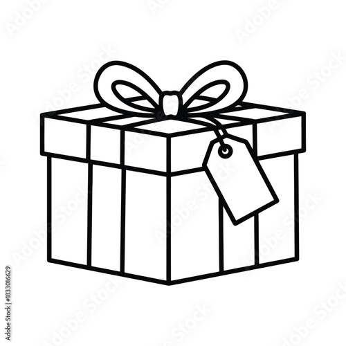 Minimalist Line Art Gift Box with Ribbon Bow and Blank Tag Vector