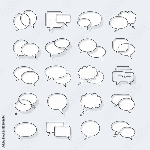 Large vector set of 16 minimalist outline speech bubbles, chat icons, and thought balloons