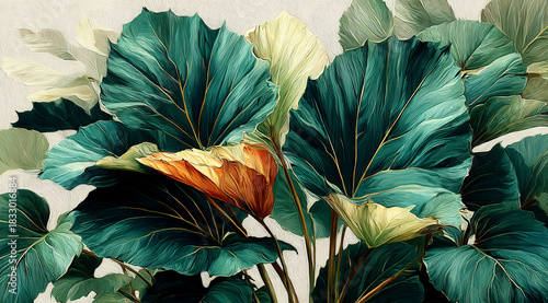 Wallpaper Mural Vibrant Green and Orange Tropical Plant Leaves Illustration Torontodigital.ca