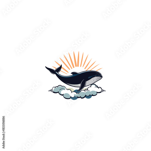 Whale flying on a cloud in the sky with sunburst or starburst effect. Hand-drawn vintage engraving style vector illustration