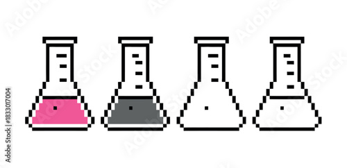 Four pixelated laboratory flasks containing different colored liquids and one empty flask are arranged in a row.