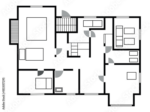 Black and White House Floor Plan with Furnished Rooms and Staircase