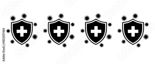 Four shields with crosses are depicted surrounded by virus-like particles, representing protection against illness.