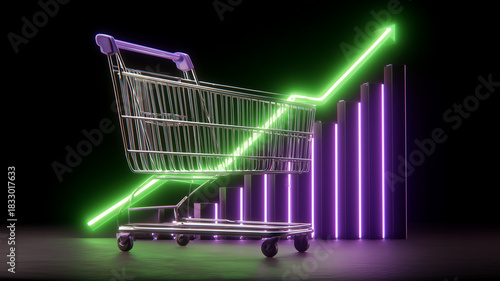 An economic growth concept represented by a shopping cart beside rising bar columns, symbolizing increasing consumer activity, market expansion and commercial performance
