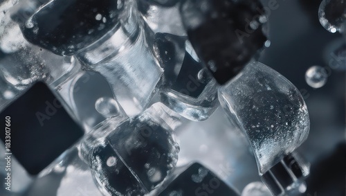 Abstract macro shot showcasing translucent ice cubes and water bubbles. Frozen forms