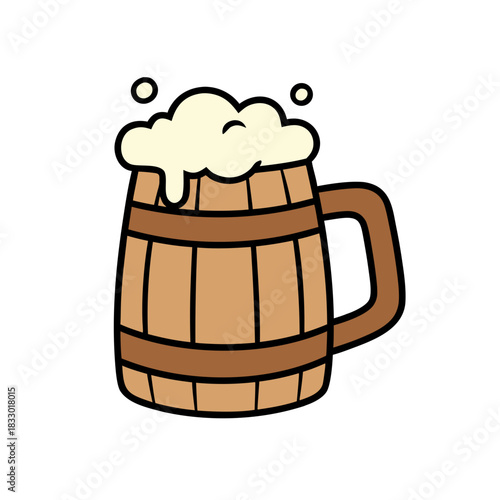 Wooden Mug Filled With Frothy Beer Isolated On Black Background Flat Vector Art Minimalist Clean Sticker Style 2d