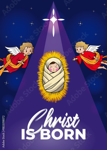 Cute baby Jesus wrapped in swaddling clothes lying on straw.