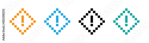 Set of pixel art danger exclamation marks sign. Caution alarm, attention pixel icons. Fatal error warning message. Retro game . Pixelated exclamation point icons with retro vibe.