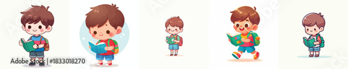 vector of a little male student standing reading a book