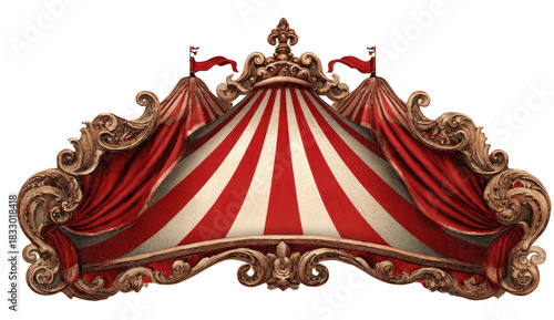 Elegant circus tent design with ornate gold frame, red & white stripes, and small pennants