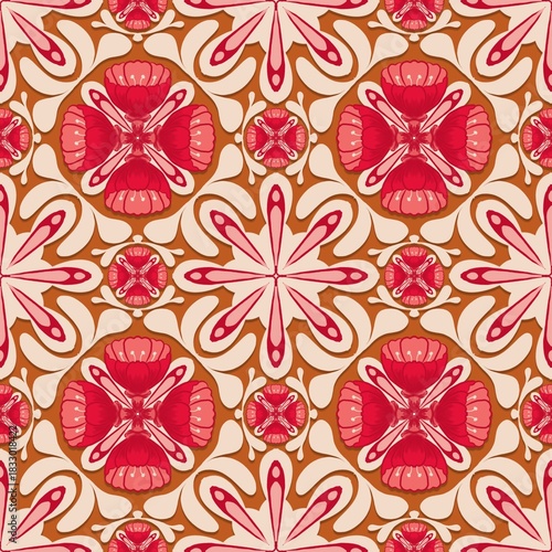 seamless floral background,red,pink,white curves ,painted create to flowershape, leaves, brown background in geometric patterns as sarong,fabric,tile,printed fabric,batik,tablecloth patterns.