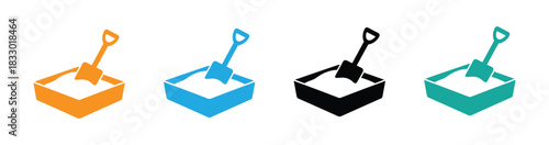 Sandbox icon. Fun sandbox icons with shovel for kids playtime activity.  Sandbox  and shovel line icon.  Sandbox and toys outline vector icon. Symbol, logo illustration. 
