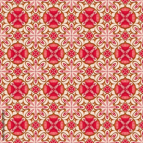 seamless pattern with red flowers,red,pink,white curves ,painted create to flowershape, leaves, brown background in geometric patterns as sarong,fabric,tile,printed fabric,batik,tablecloth patterns.