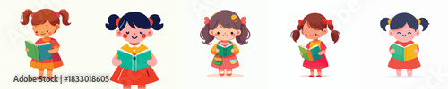 vector of a little female student standing reading a book