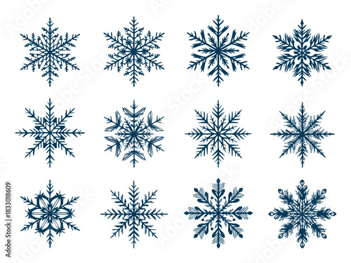 Twelve dark blue snowflake icons on white winter cold