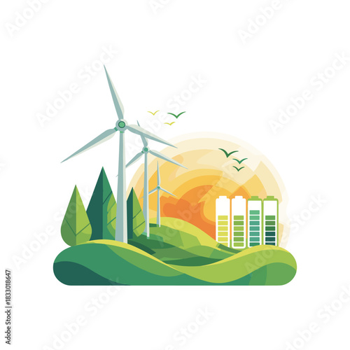 Renewable Energy Illustration with Wind Turbines and Sustainable Landscape
