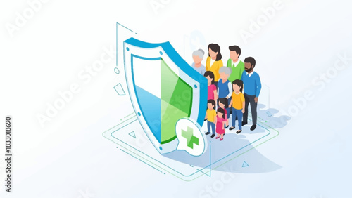 Diverse group of people protected by a shield, symbolizing health insurance and family security.