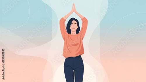 A woman in an orange shirt and dark pants stands with her hands clasped above her head in a peaceful, mindful pose against a soft gradient background.