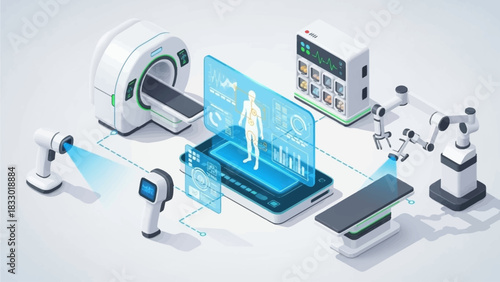 Isometric illustration of interconnected medical devices and holographic interfaces representing digital health technology