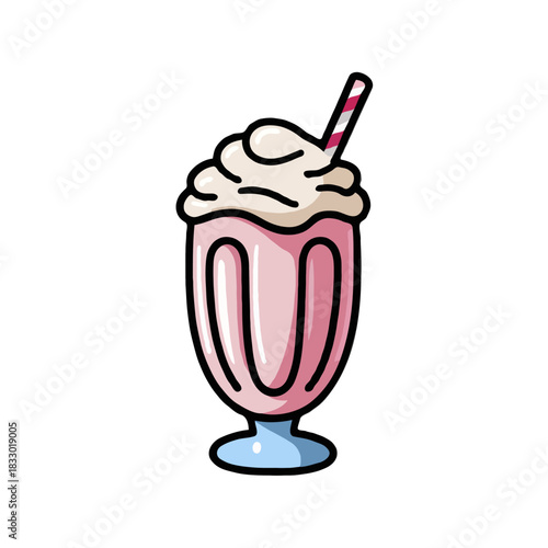 A delicious pink strawberry milkshake with whipped cream and a red striped straw in a tall glass isolated on white background