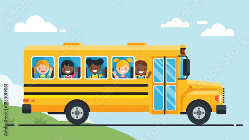 Happy diverse children waving from a yellow school bus driving on a sunny day.