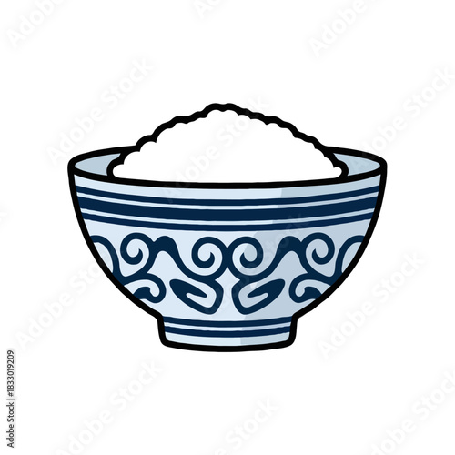 A simple illustration of a traditional blue and white patterned bowl filled to the brim with fluffy white rice isolated on white background
